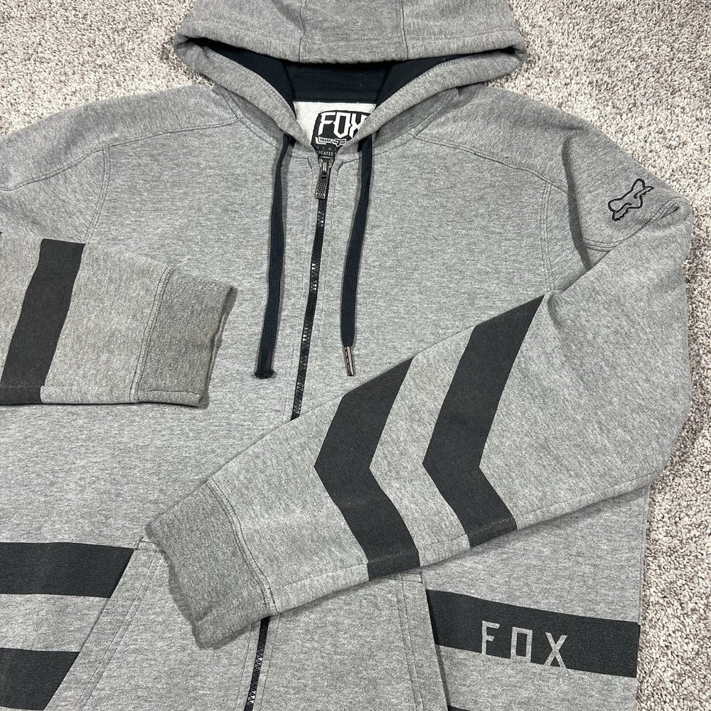 VTG Fox Hoodie Sweatshirt Mens L Gray Full Zip Fleece Striped Slim Fit Logo y2k